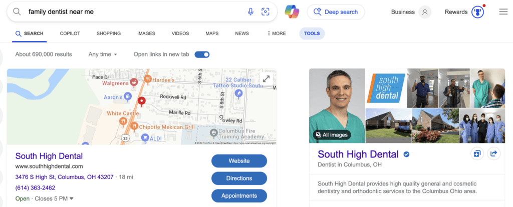 Bing Places listing for family dentist near me in Columbus, OH